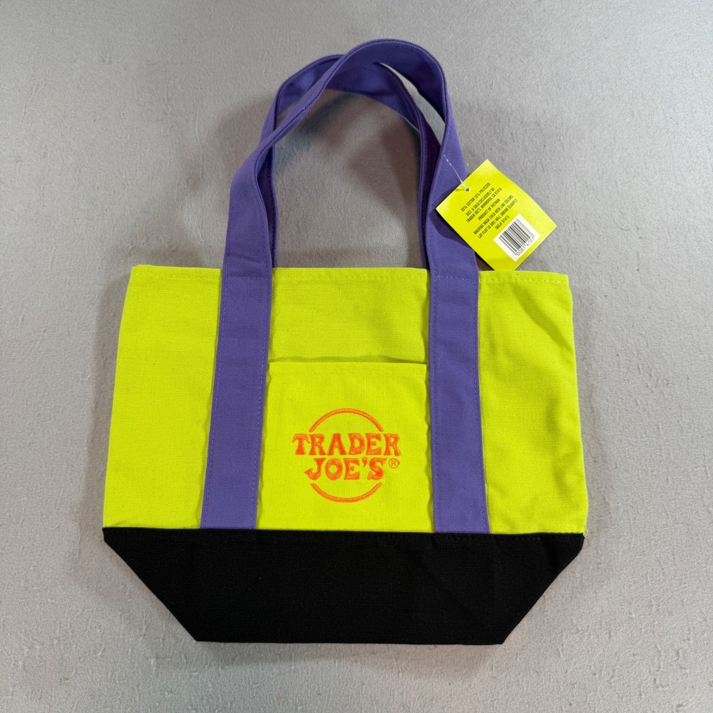 Trader Joe's Trick-or-Treat Mini Canvas Tote Lime Green Purple Black New